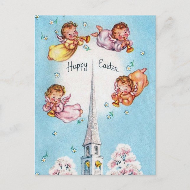 Retro Angels and Church Happy Easter Postcard (Front)