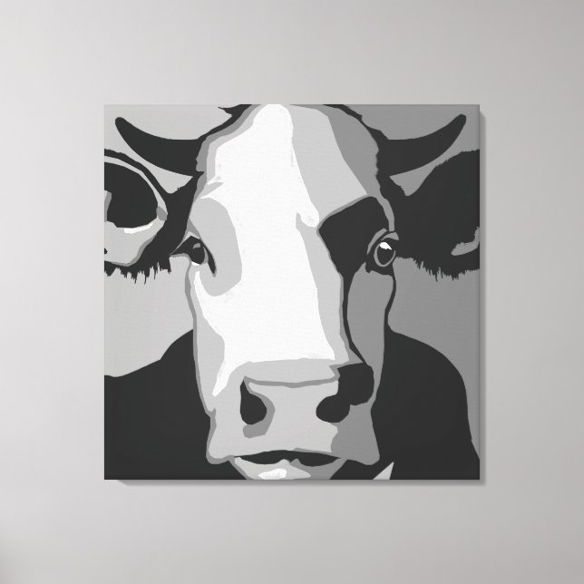 Retro Animal Pop Art Cow Portrait in Black & White Canvas Print (Front)