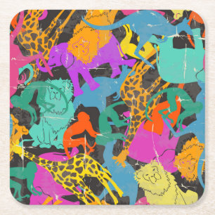 Retro Animal Silhouettes Pattern Square Paper Coaster