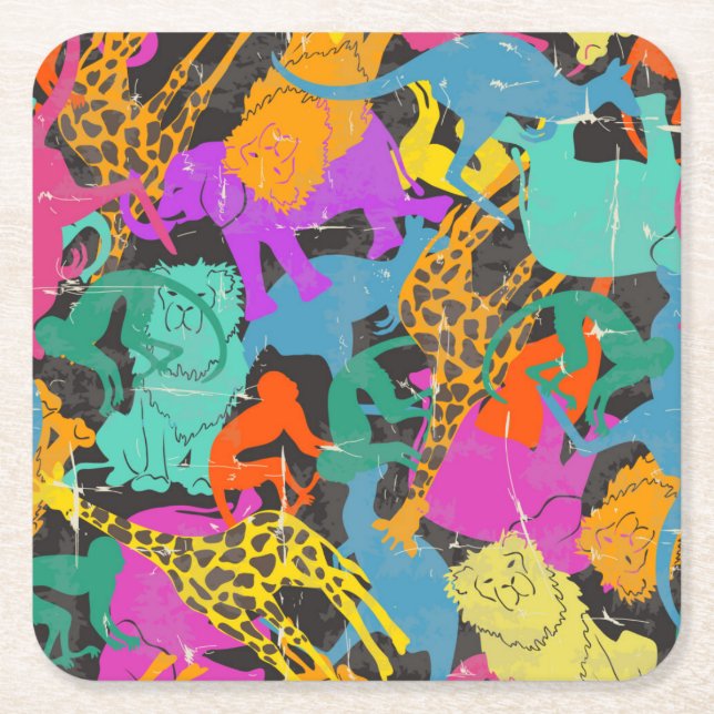 Retro Animal Silhouettes Pattern Square Paper Coaster (Front)