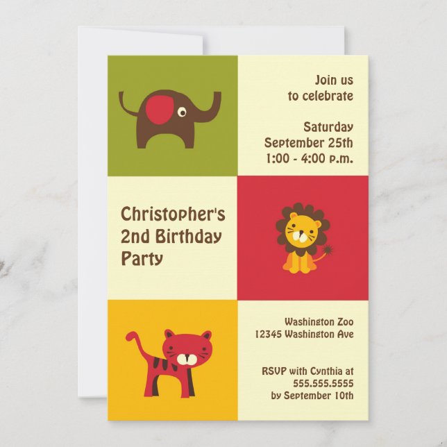 Retro animals modern boy birthday party invitation (Front)