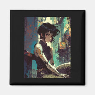 Retro Anime Cyberpunk Girl Dystopian Future Warrio Magnet