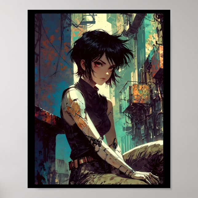 Retro Anime Cyberpunk Girl Dystopian Future Warrio Poster (Front)