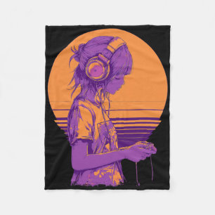 Retro Anime Gamer Girl  Fleece Blanket