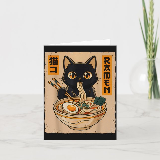 Retro Anime Kawaii Black Cat Eating Ramen Noodles  Card (Front)