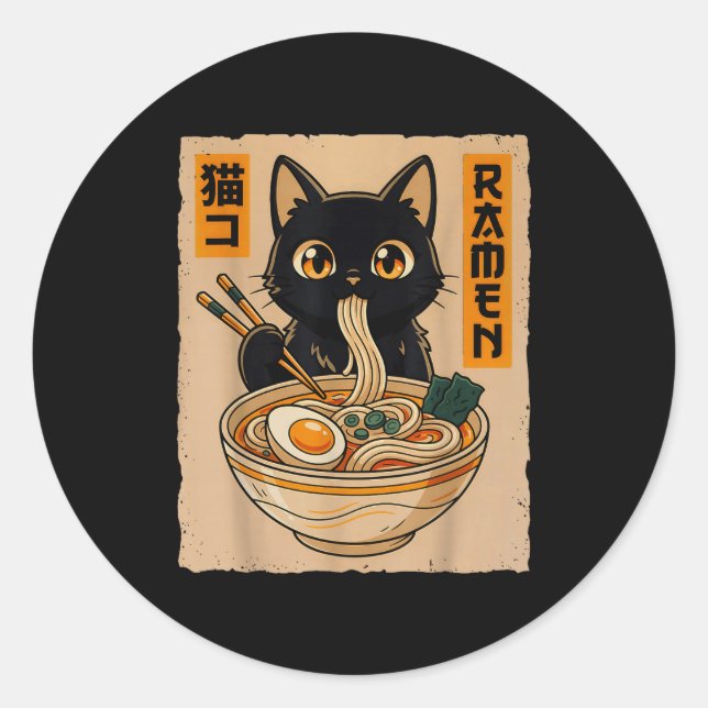 Retro Anime Kawaii Black Cat Eating Ramen Noodles  Classic Round Sticker (Front)