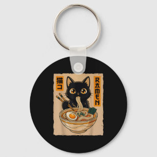 Retro Anime Kawaii Black Cat Eating Ramen Noodles  Key Ring