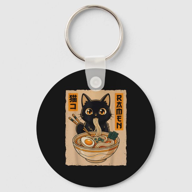 Retro Anime Kawaii Black Cat Eating Ramen Noodles  Key Ring (Front)