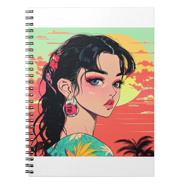 Retro Anime Style Girl Illustration Notebook (Front)