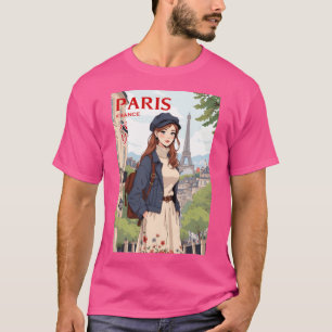 Retro Anime Travelling Young Woman In Paris France T-Shirt