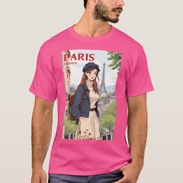 Retro Anime Travelling Young Woman In Paris France T-Shirt (Front)