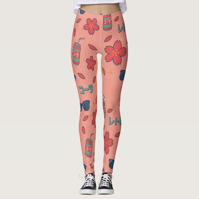 Retro Anime Vacation Icons – Kawaii Neon Leggings (Front)
