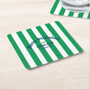 Retro Après Pickle Ball Social Club Green Stripe Square Paper Coaster