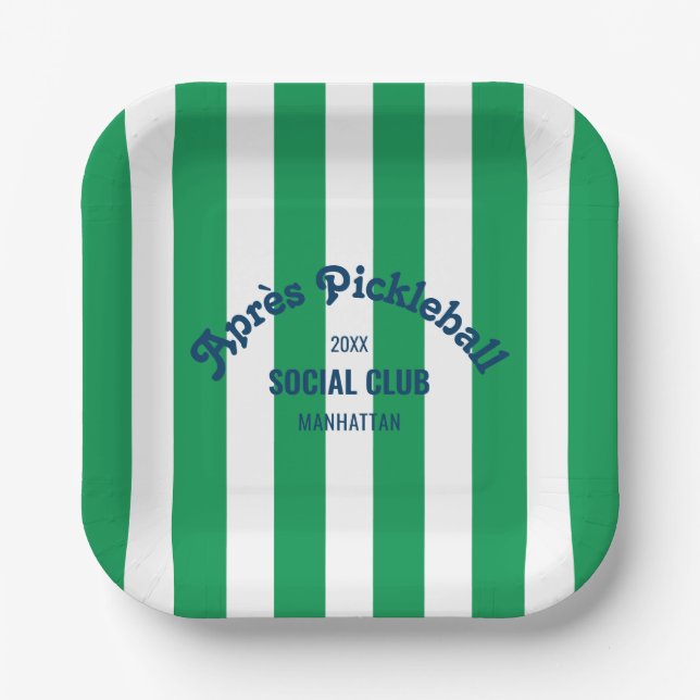 Retro Après Pickleball Social Club Green Stripe  Paper Plate (Front)