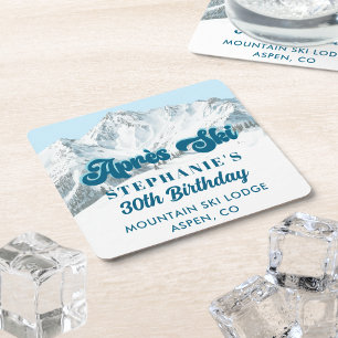Retro Apres Ski Winter Mountain Birthday Party Square Paper Coaster