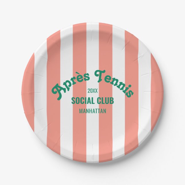 Retro Après Tennis Social Club Pink Stripe Round Paper Plate (Front)