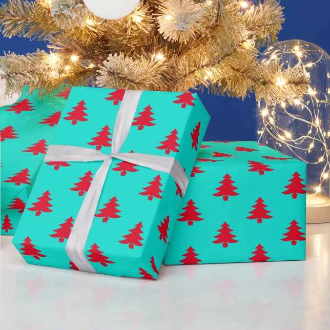 Retro Aqua And Red Christmas Trees Wrapping Paper (Holidays)