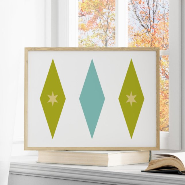 Retro Aqua Blue Green Yellow Stars Diamonds Poster (Creator Uploaded)