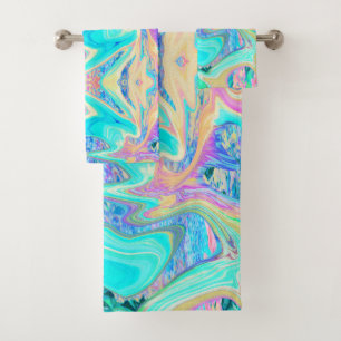 Retro Aqua Blue Liquid Art on Abstract Hydrangeas Bath Towel Set