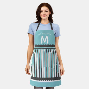 Retro Aqua Blue & White Stripes with Family Name Apron