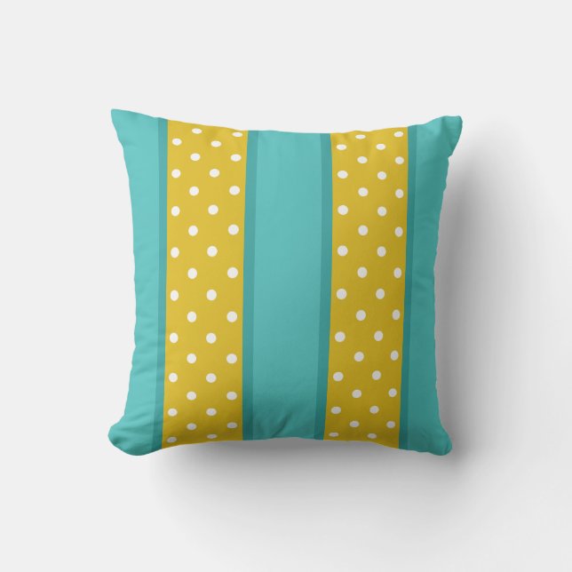 Retro Aqua Blue  Yellow Polka Dot Stripes Pattern Cushion (Front)