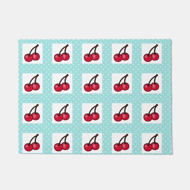 Retro Aqua Dots and Cherries Doormat (Front)