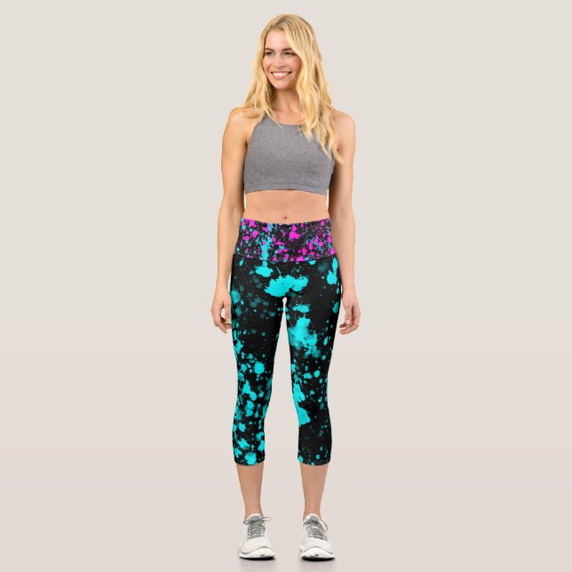 Retro Aqua Hot Pink Splattered Paint Style Capri Leggings (Front)