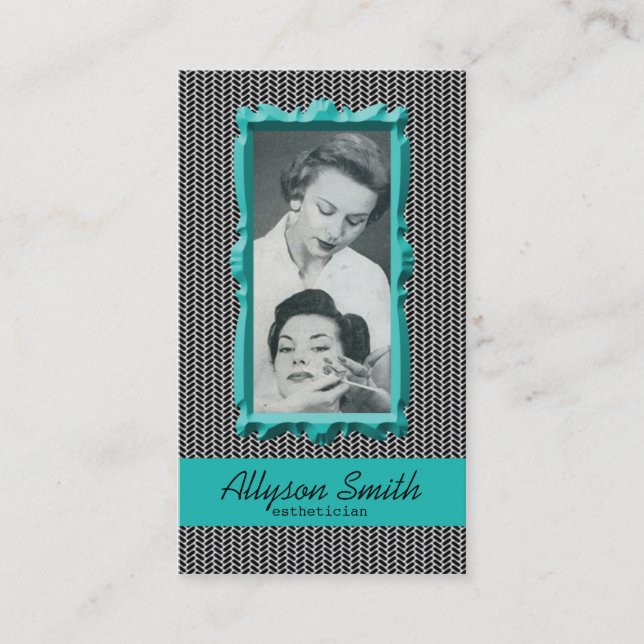 Retro Aqua Houndstooth Aesthetician Business Card (Front)