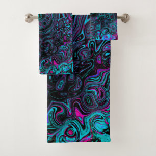Retro Aqua Magenta and Black Abstract Swirl Bath Towel Set