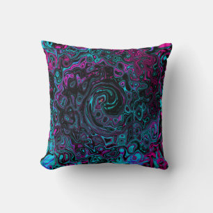 Retro Aqua Magenta and Black Abstract Swirl Cushion