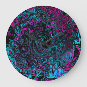 Retro Aqua Magenta and Black Abstract Swirl Large Clock