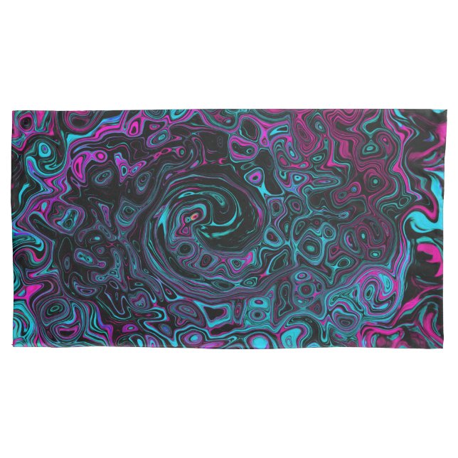 Retro Aqua Magenta and Black Abstract Swirl Pillowcase (Front-Left)