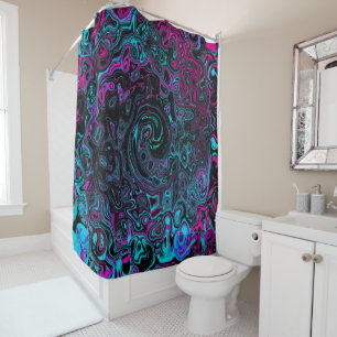 Retro Aqua Magenta and Black Abstract Swirl Shower Curtain