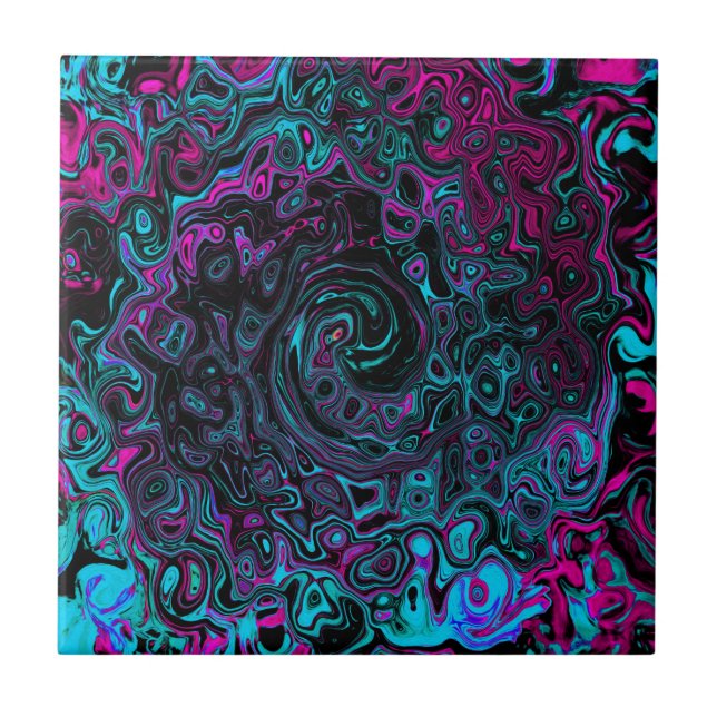 Retro Aqua Magenta and Black Abstract Swirl Tile (Front)