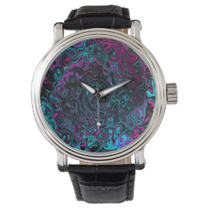 Retro Aqua Magenta and Black Abstract Swirl Watch