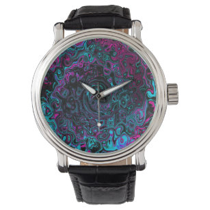 Retro Aqua Magenta and Black Abstract Swirl Watch