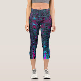Retro Aqua Magenta and Black Abstract Waves Capri Leggings