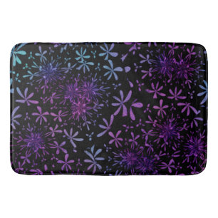 Retro Aqua Purple Floral Blossoms Bath Mat
