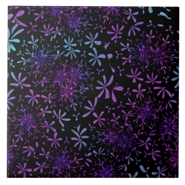 Retro Aqua Purple Floral Blossoms Tile (Front)
