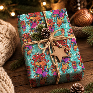 Retro Aqua Red Vintage Christmas Bow Wrapping Paper