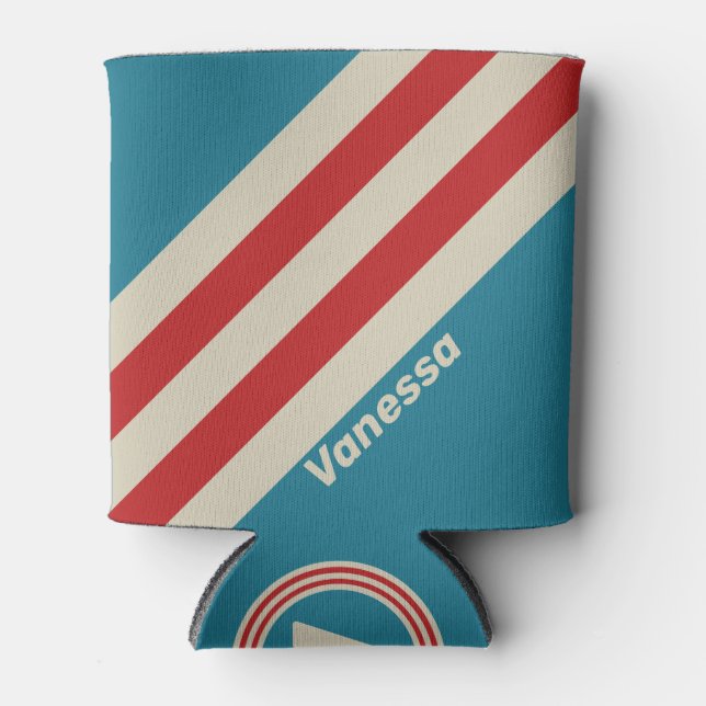 Retro Aqua Surf Stripes with Name Can Cooler (Front)