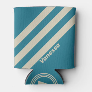 Retro Aquamarine Three Stripes with Name Can Cooler