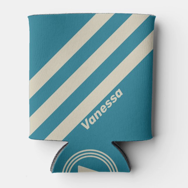 Retro Aquamarine Three Stripes with Name Can Cooler (Front)