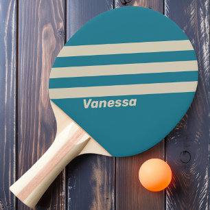 Retro Aquamarine Three Stripes with Name Ping Pong Paddle