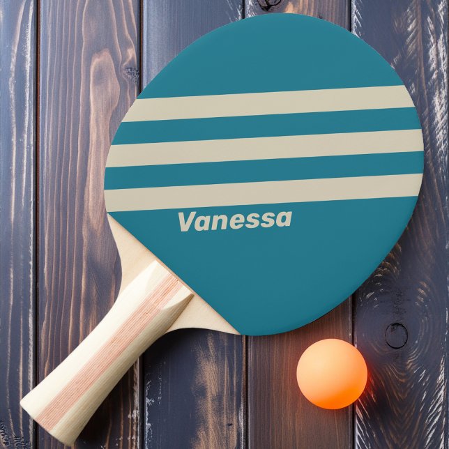 Retro Aquamarine Three Stripes with Name Ping Pong Paddle (Creator Uploaded)