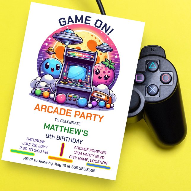 Retro Arcade Birthday Party Invitation (Get ready to step back in time with this customizable fun retro arcade birthday party invitation.)