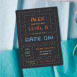 Retro Arcade Game Kids Birthday Party Invitation<br><div class="desc">These awesome gamer theme birthday party invitations with a vintage arcade game vibe feature retro lettering on a dark grey and white dot matrix grid. "[Name] has reached level [age]" appears at the top in retro digital lettering,  with your party details beneath.</div>