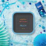 Retro Arcade Game Kids Birthday Party Paper Plate<br><div class="desc">These awesome gamer theme birthday party plates with a vintage arcade game vibe feature retro lettering on a dark grey and white dot matrix grid. "Happy Birthday [Name]" appears in retro digital lettering,  with "Level [age]" beneath.</div>
