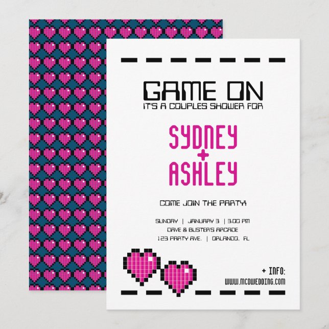 retro arcade GAMER WEDDING couple shower PINK LOVE Invitation (Front/Back)