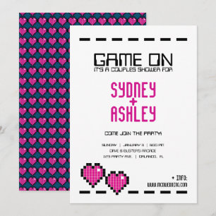 retro arcade GAMER WEDDING couple shower PINK LOVE Invitation